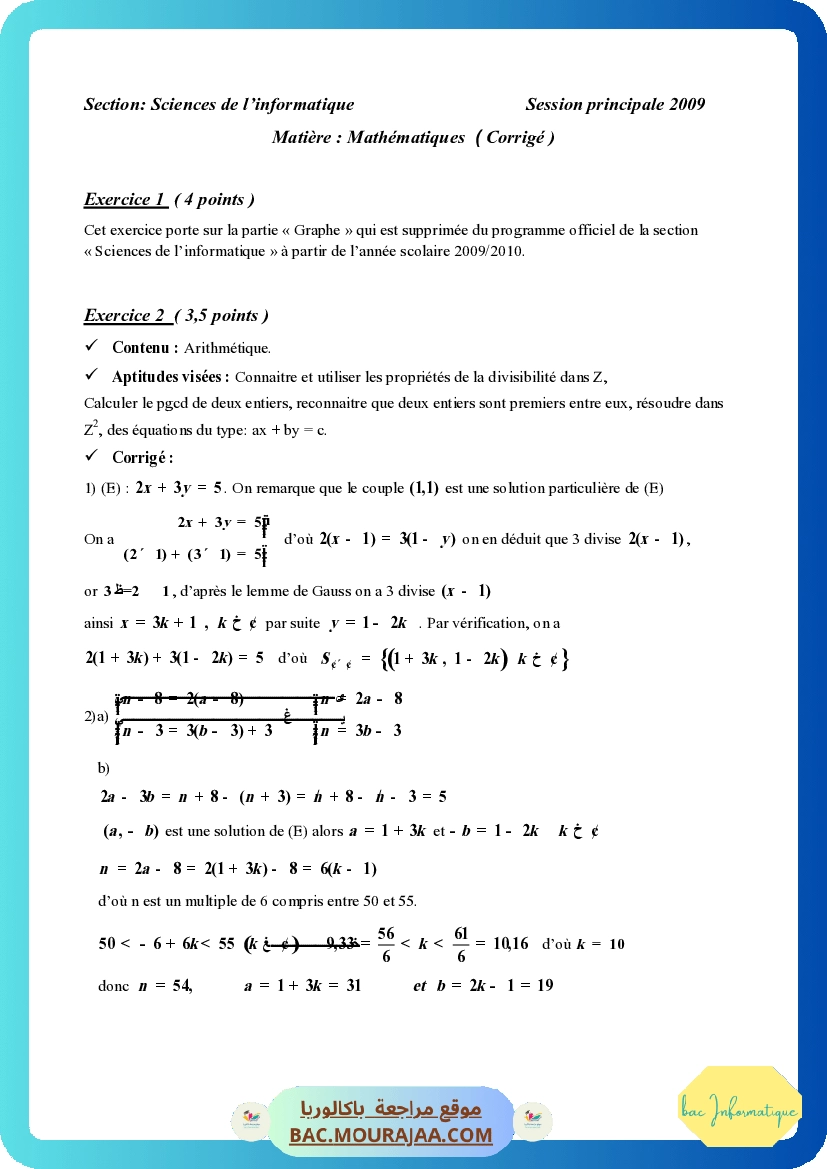 Corrigé principale math Bac 2009 – Section info